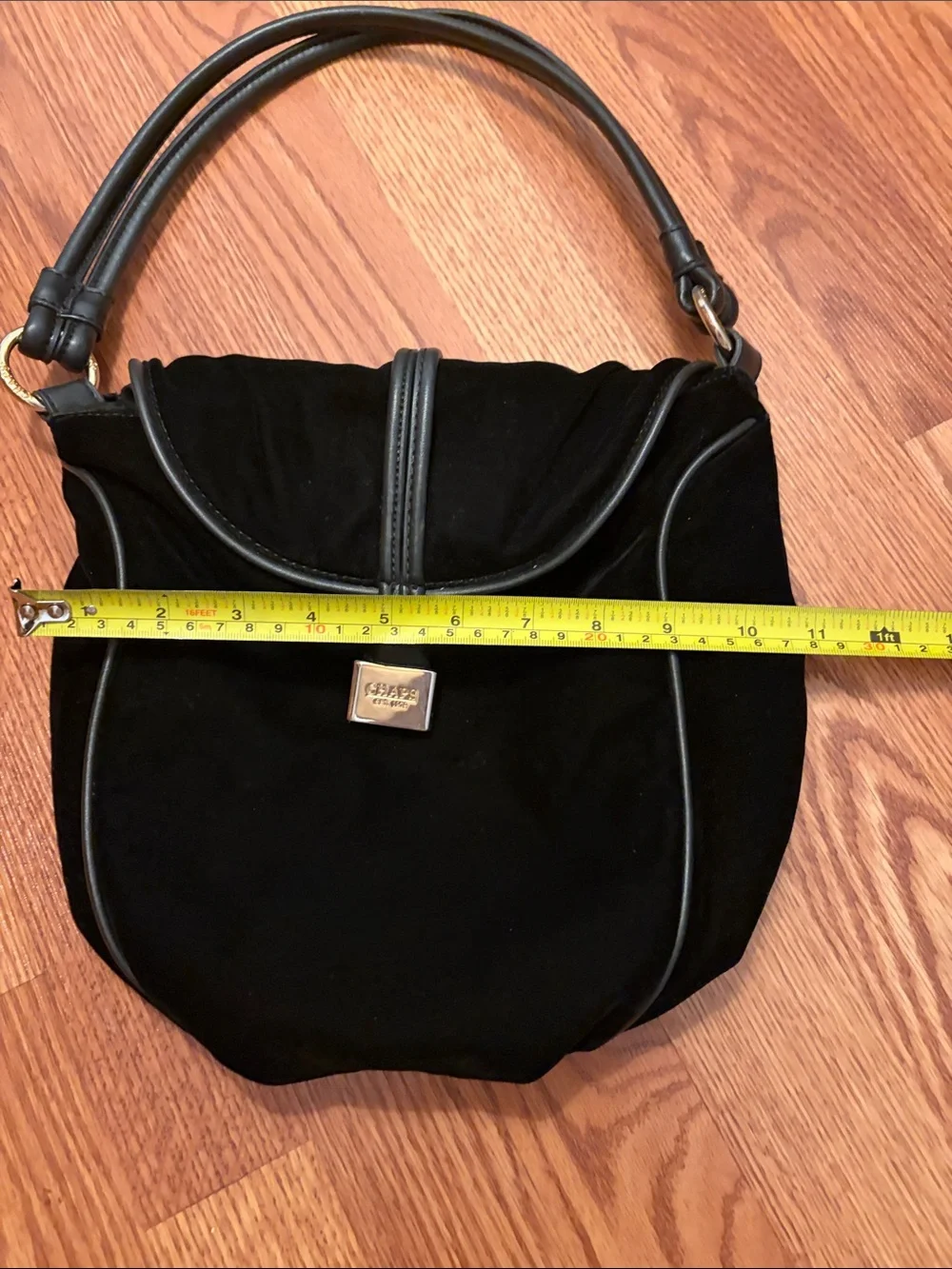 Chaps Vintage Black velvet Shoulder Bag with Gold Plaque Accent